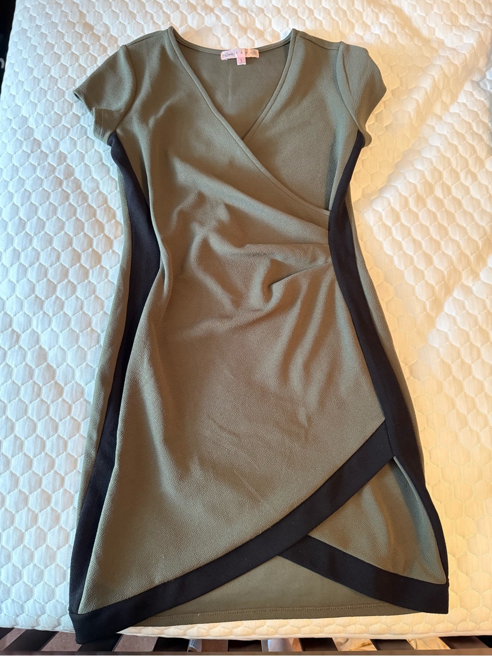 Crave Fame Olive Green Faux-Wrap Dress with Black Trim